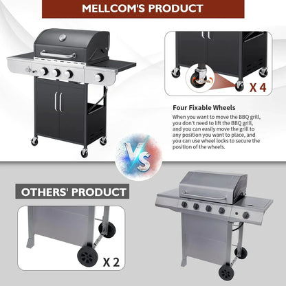 Upgraded 4 Burner BBQ Propane Gas Grill with Cast Iron Grates & Side Stove, 44,000 BTU Stainless Steel Burner Barbecue Grill for Patio, Camping, Outdoor Cooking.
