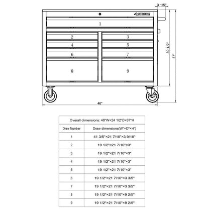 Gloss Black 46 9-Drawer Mobile Tool Chest Workbench with Power Strip & Solid Wood Top