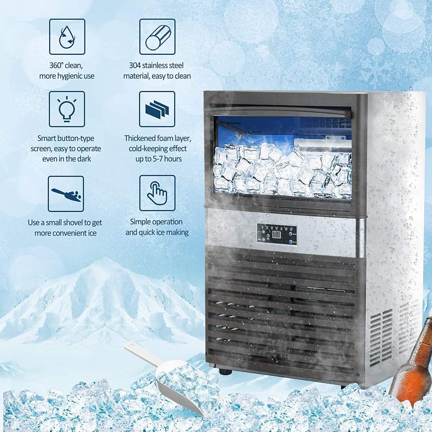 YUTGMasst Commercial Ice – 110LBS/24H Stainless Steel Free-Standing Ice Machine Maker Air Cooling Ice