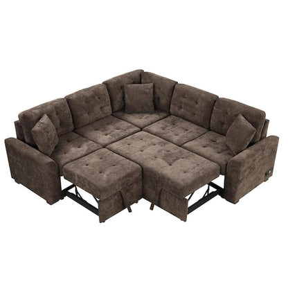 82.6 in. L Shaped Corded Velveteen Modern Sectional Sofa Pull-out Sleeper Sofa in. Brown with USB Ports, Power Sockets