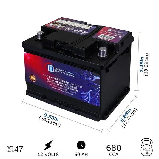 MM-H5 Start and Stop Car BCI Group Size 47 12V 60 AH, 100RC, 680 CCA Rechargeable AGM Car battery