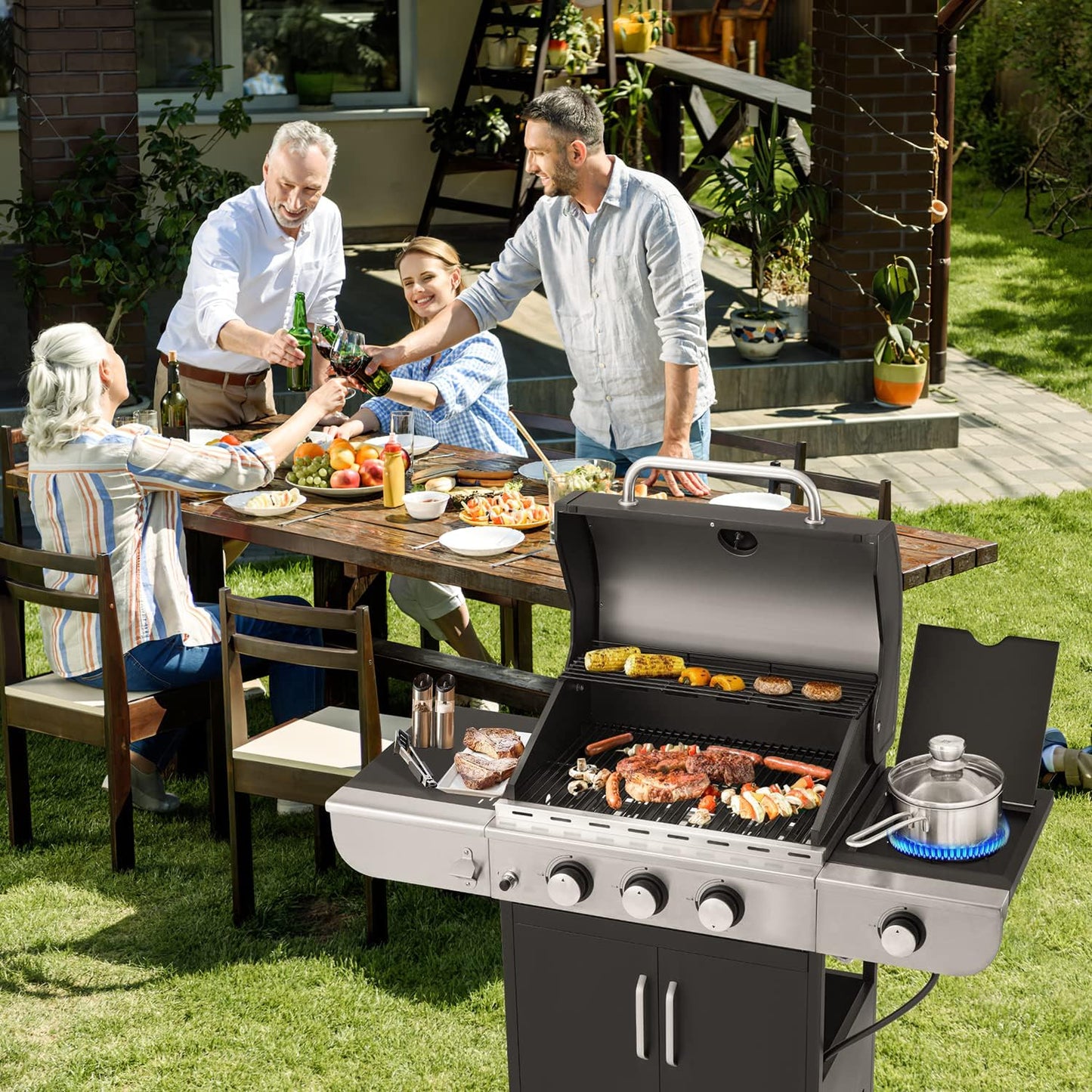 Upgraded 4 Burner BBQ Propane Gas Grill with Cast Iron Grates & Side Stove, 44,000 BTU Stainless Steel Burner Barbecue Grill for Patio, Camping, Outdoor Cooking.