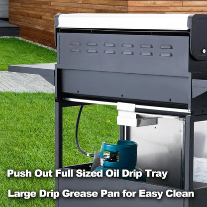Upgraded 4 Burner BBQ Propane Gas Grill with Cast Iron Grates & Side Stove, 44,000 BTU Stainless Steel Burner Barbecue Grill for Patio, Camping, Outdoor Cooking.