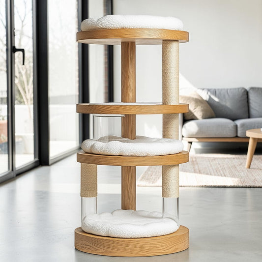Gavic 63" Modern Cat Tree - Solid Wood Multi-Level Tower with Clear Acrylic Space Capsule