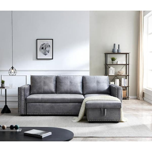 Reversible 90.5in. Gray Velvet Sleeper Sectional Sofa L-Shape 3 Seat Sectional Couch with Storage